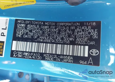 2019 Toyota Corolla Se from USA, damaged, VIN JTNK4RBE9K3032758